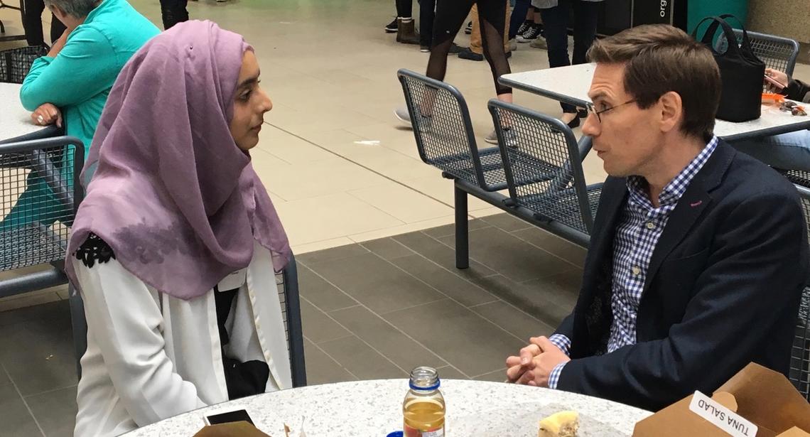 High school student Sana Jawad with Jeff Biernaskie at UCalgary's 5th annual StemCell Talks day.