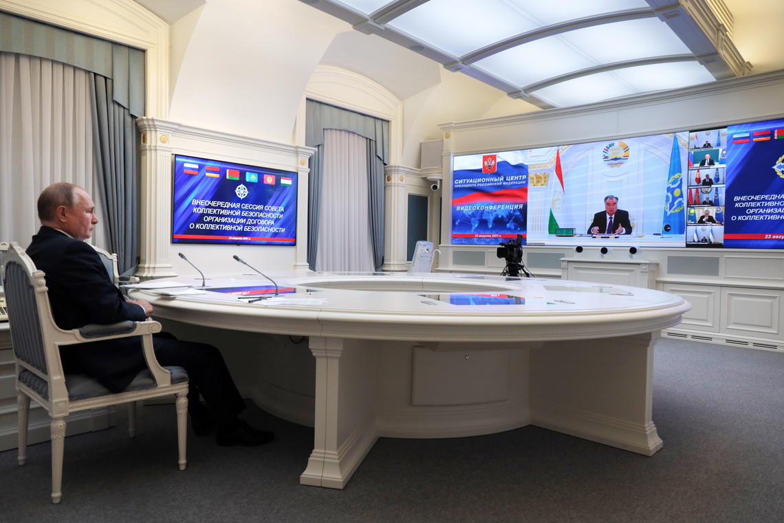 Russian President Vladimir Putin takes part in a virtual meeting with leaders of the Collective Security Treaty Organisation to discuss the situation in Afghanistan in Moscow in August 2021.