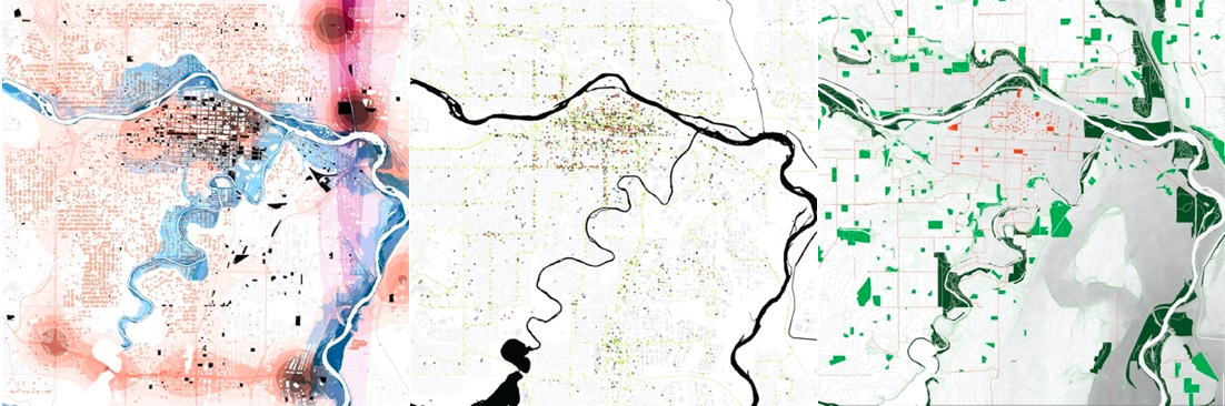 Images R to L: Sample spatial analysis maps – landscapes of risk, urban atractors, disjointed public spaces.