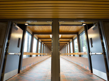 A hallway in the Math Sciences building is empty during the COVID-19 pandemic.