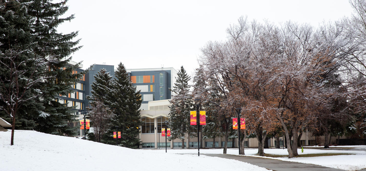 The University of Calgary campus in December 2020 after a light snow fall.