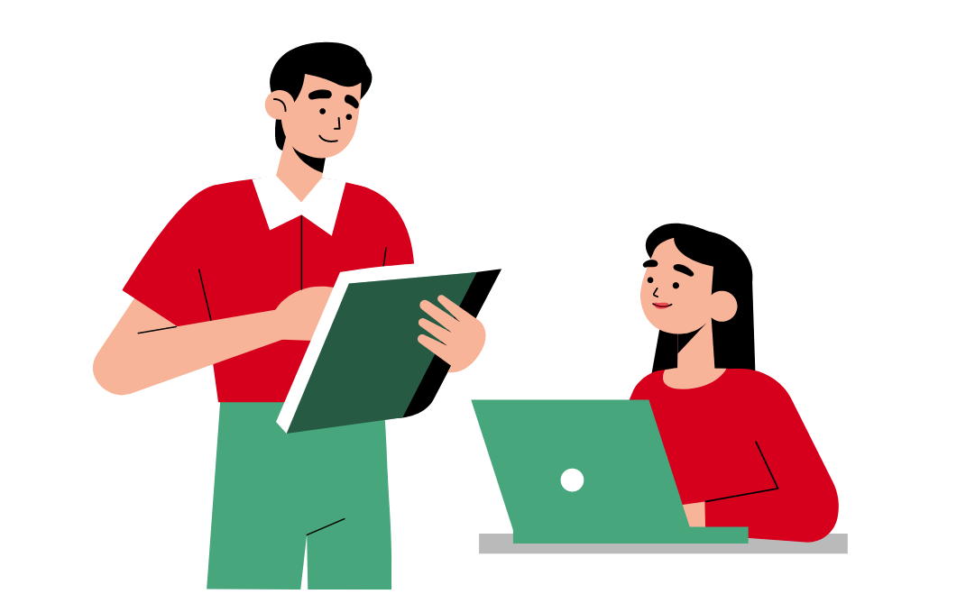 A man with a book and a woman with a laptop