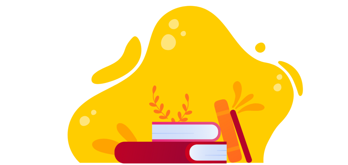 pile of books in front of a yellow background