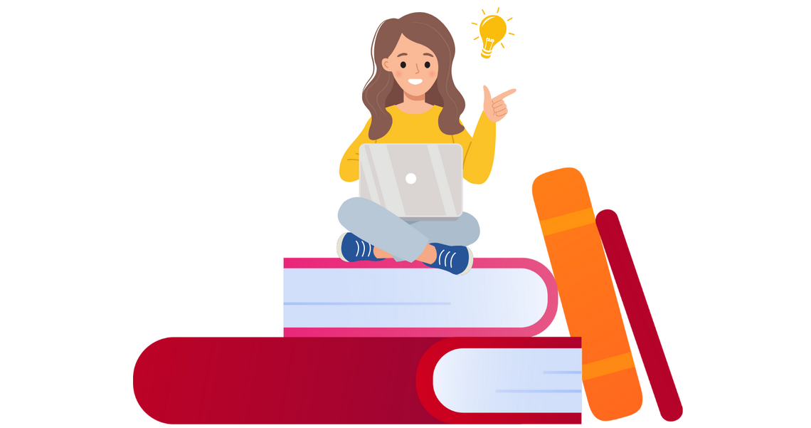 woman sitting on books with an idea lightbulb above her head