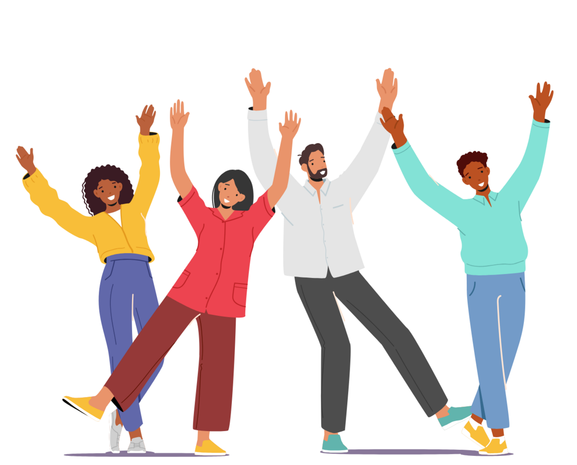four happy people with arms raised, graphic