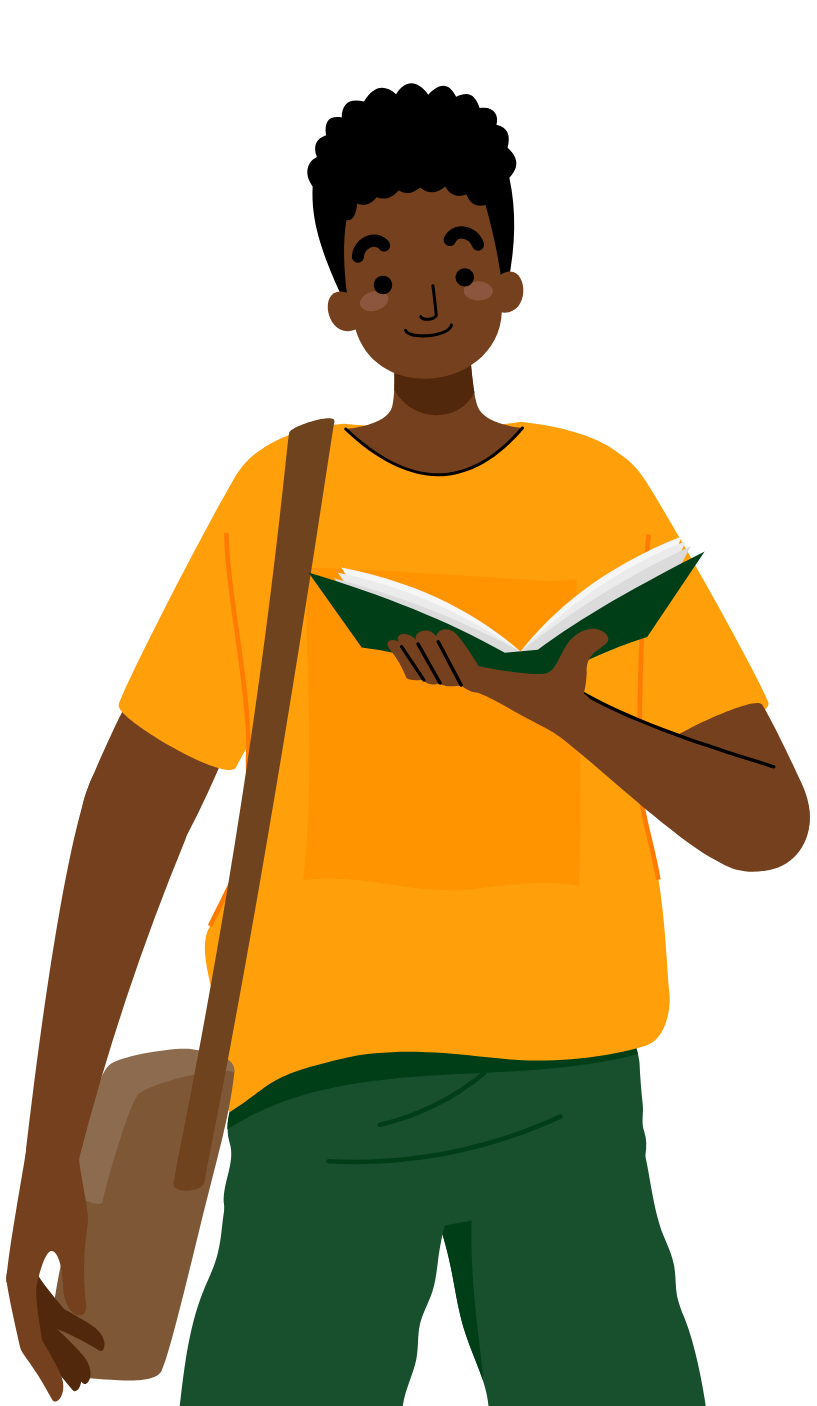 student holding a bag and open book