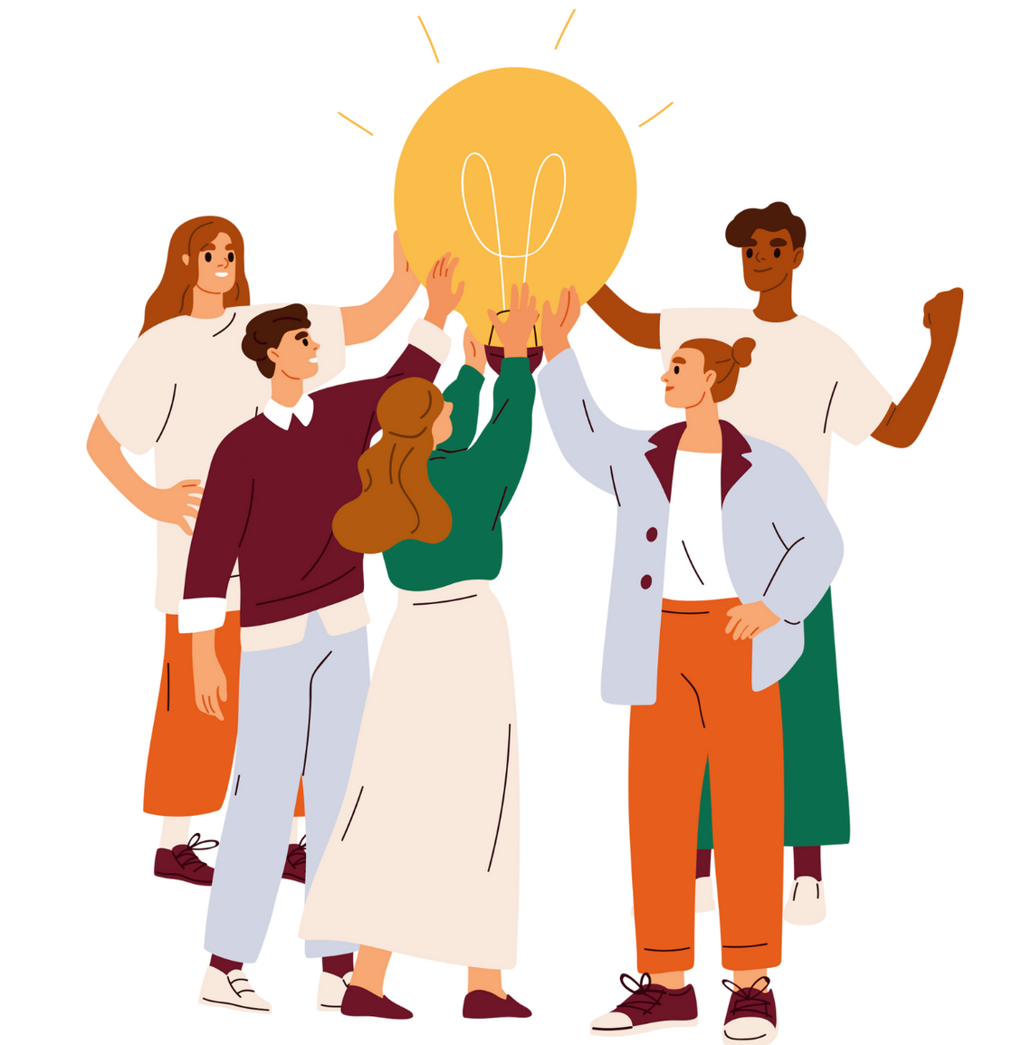 five people holding up a lightbulb together