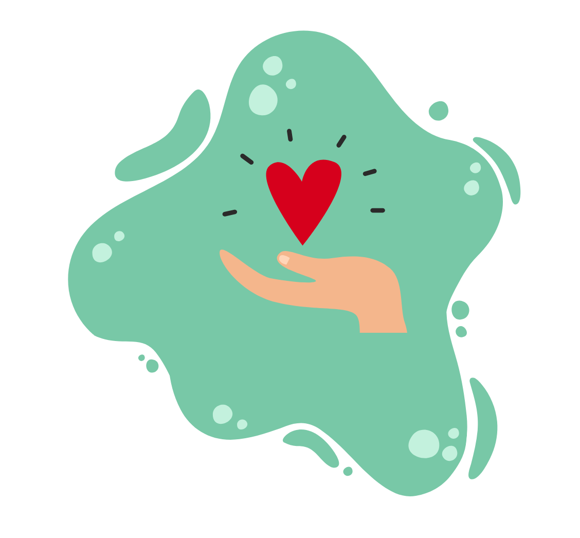 hand with a red heart above, in front of a green background
