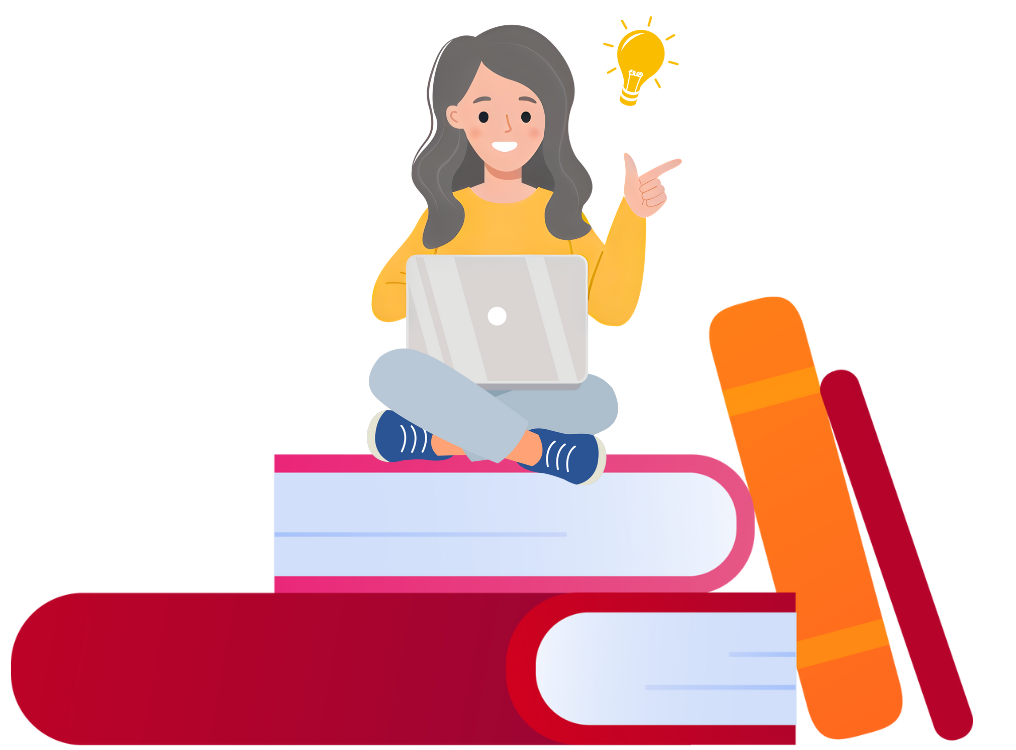 woman sitting on books with an idea light bulb above her head