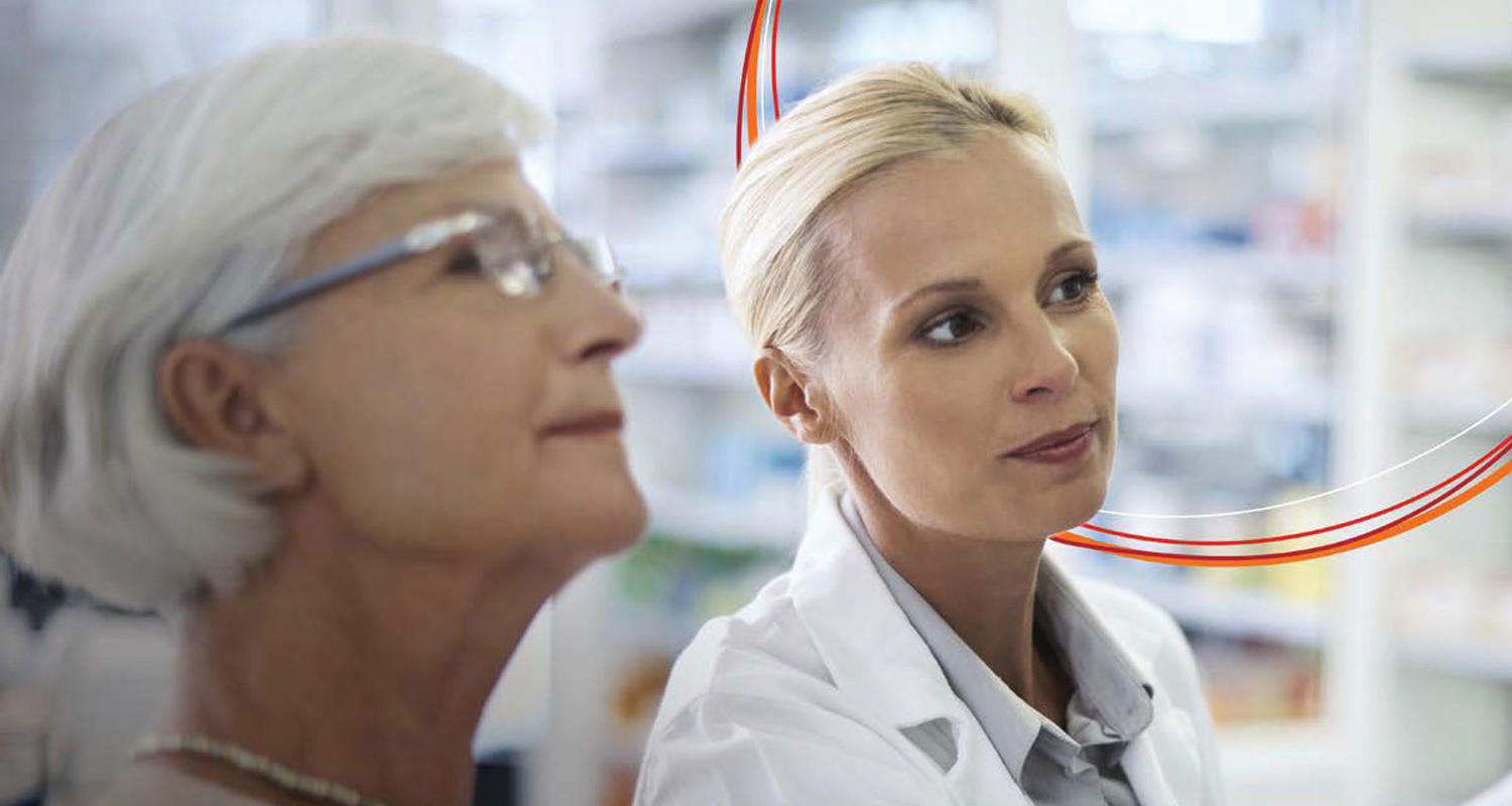 Two doctors conducting research with orange circles in the background